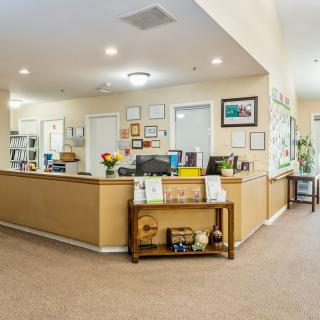 A welcoming office reception area with a desk and decorative elements.