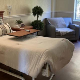 A cozy and well-furnished hospital room with a bed, sofa, and plants.
