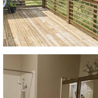 A wooden deck outside and a stylish interior with a large mirror.