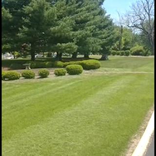 A well-maintained grassy area with neatly trimmed lawns and lush trees in the background.