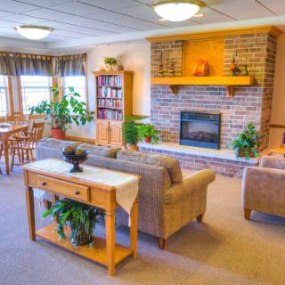 A cozy living room with a fireplace, sofas, and indoor plants.