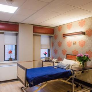 A well-appointed hospital room featuring a comfortable patient bed and vibrant floral decor.