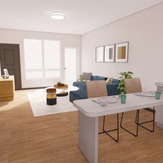 A modern, open-concept living and dining area with stylish furnishings and natural light.