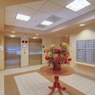 A well-lit lobby area featuring elevators, a table with flowers, and mailboxes on the wall.