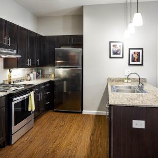 A modern kitchen with stainless steel appliances and dark cabinetry, featuring wood flooring and pendant lighting.