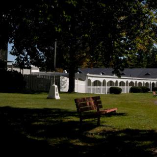 A serene park scene featuring a bench under a tree, surrounded by lush grass and white fencing.