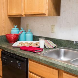 A kitchen countertop with cookies on a tray, surrounded by colorful canisters and a sink.
