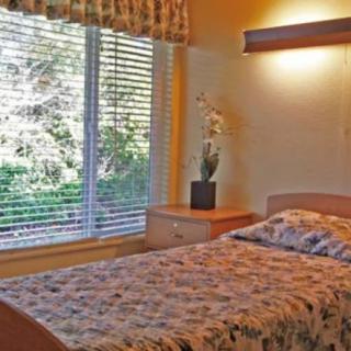 A cozy bedroom with a single bed next to a large window letting in natural light.