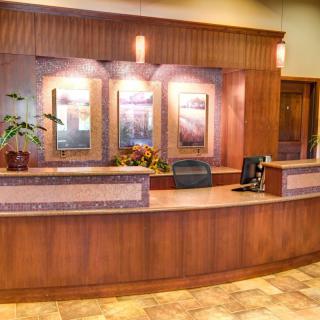 A well-lit reception area with a wooden front desk and decorative plants.