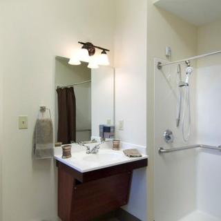 A modern bathroom with a sink, mirror, and shower area.