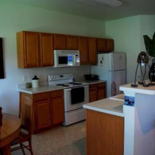 A cozy kitchen with wooden cabinets and modern appliances.