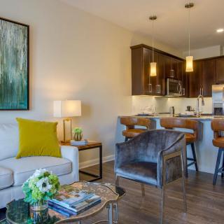 Modern open-concept living room and kitchen with stylish furnishings.