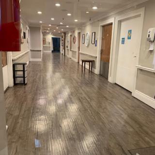 A well-lit interior hallway showcasing artwork and modern flooring.