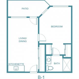 A floor plan of a one-bedroom apartment featuring a living/dining area, kitchenette, bathroom, and a patio.