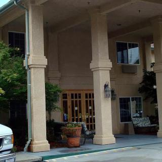 The entrance of a building with large columns and potted plants.