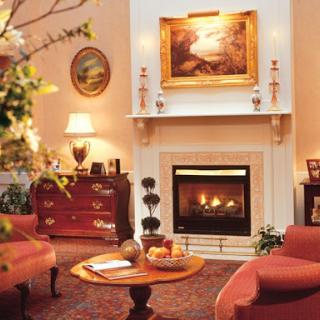 A cozy living room featuring a warm fireplace and elegant decor.