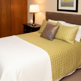 A cozy bedroom with a neatly made bed, featuring green and white bedding, accompanied by a nightstand and lamp.