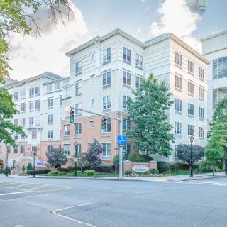 Modern urban apartment building with surrounding greenery.