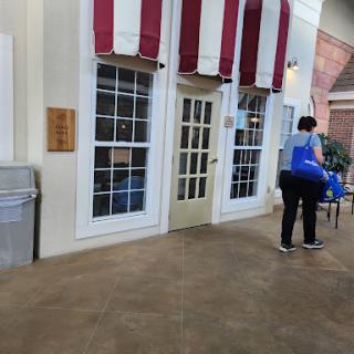 A view of an indoor entrance with large windows and a decorative awning, featuring a person engaged in activity.