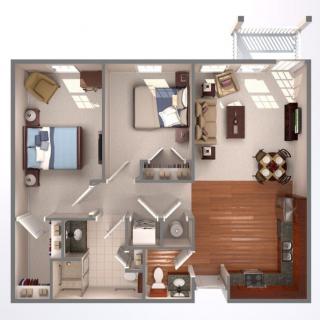 A detailed floor plan of a two-bedroom apartment, featuring a kitchen, living room, and bathroom.