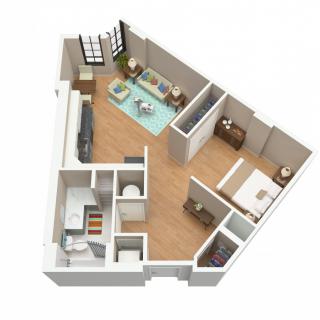 3D floor plan of a one-bedroom apartment with open living space.