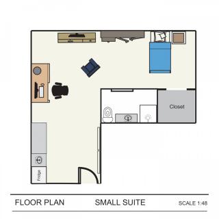 A detailed floor plan of a small suite featuring a bedroom, kitchen, and office area.
