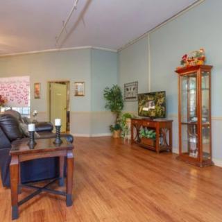 A spacious living room with hardwood floors and green walls, featuring a television, comfortable seating, decorative items, and indoor plants.