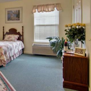 A cozy bedroom with a single bed, decorated with plants and a dresser by the window.