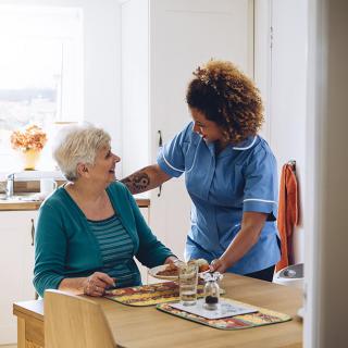 A caregiver assists an elderly woman in a home setting.