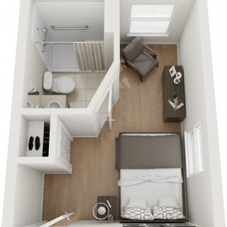A minimalist floor plan featuring a compact bedroom with an ensuite bathroom.