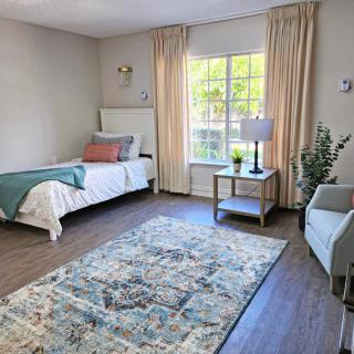A cozy and minimalist bedroom with a bed, a chair, a rug, and a large window allowing ample natural light.