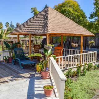 A sunny outdoor garden space featuring a wooden gazebo, surrounded by plants and patio furniture.