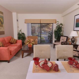 A cozy and well-decorated living room with a dining area, featuring warm colors and lush greenery.