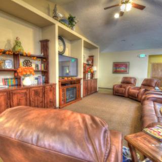 A cozy living room with leather sofas, a TV, and a fireplace surrounded by bookshelves.