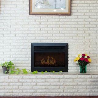 A cozy room with a brick fireplace, adorned with plants and flowers.