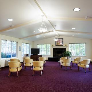 A cozy seating area with chairs arranged in a circle, featuring large windows, a fireplace, and a television.