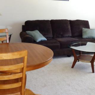A cozy living room with a dark sofa, a glass-top coffee table, and a wooden dining set.