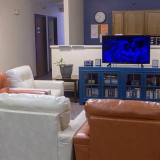 A cozy living room with sofas and a television.