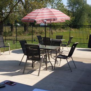 A sunny patio with a table, chairs, and an umbrella in a backyard setting.
