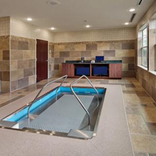 A modern indoor therapy pool designed for relaxation, featuring sleek tile work and soothing lighting.