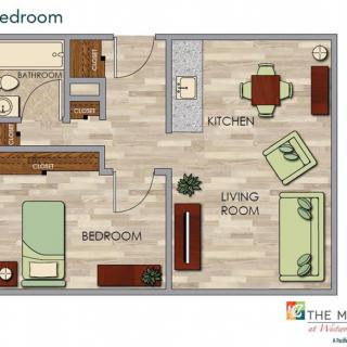 A one-bedroom apartment floor plan with a living room, kitchen, and bathroom.