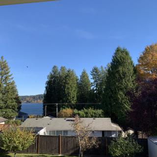 A scenic view of a house with a lake and trees in the background under a clear blue sky.