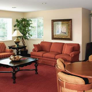 A cozy living room with warm-toned sofas and a stylish coffee table.