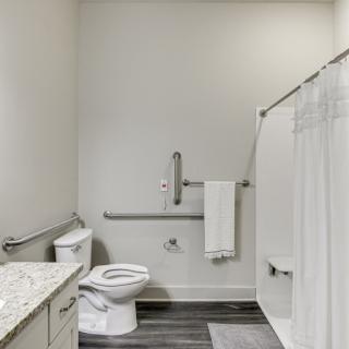 An accessible bathroom with a toilet, shower, and grab bars for support.
