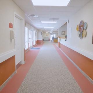 A well-lit and decorated hallway in a building.