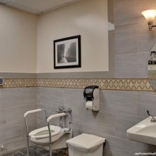A clean and modern bathroom featuring essential amenities, including a toilet with grab bars for support and a stylish sink.