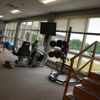 A view of a modern gym setup featuring various exercise equipment and ample natural light.
