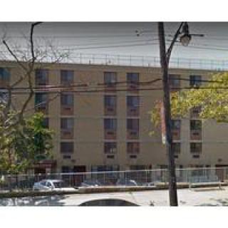 A street view of a multi-story building with parked cars and trees.