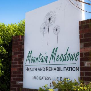 Mountain Meadows Health and Rehabilitation facility sign with a dandelion design.