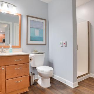 A modern bathroom featuring a toilet, shower, and wooden cabinetry with light blue walls.